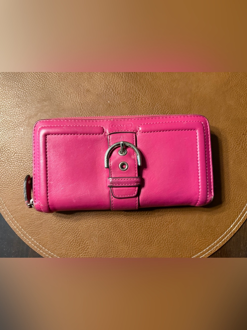 Coach Hot Pink Leather Zip-Around Wallet with Buckle Accent